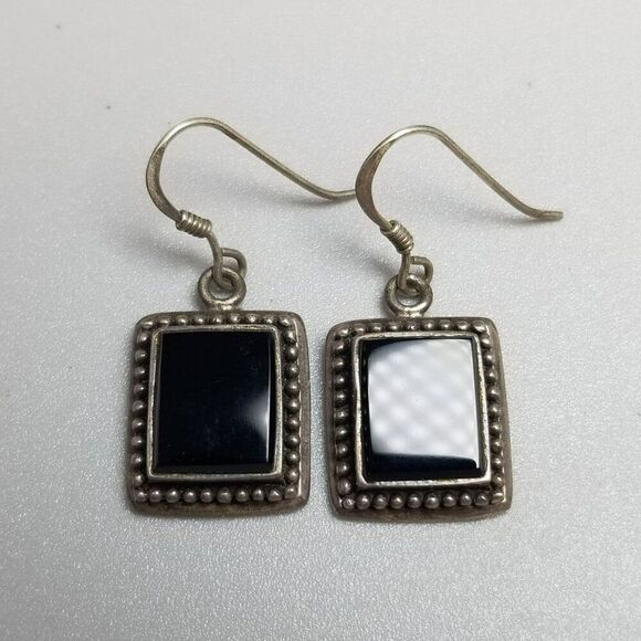Vintage Sterling Silver Black Onyx Square Dangle Earrings, 925 Estate - Picture 2 of 8